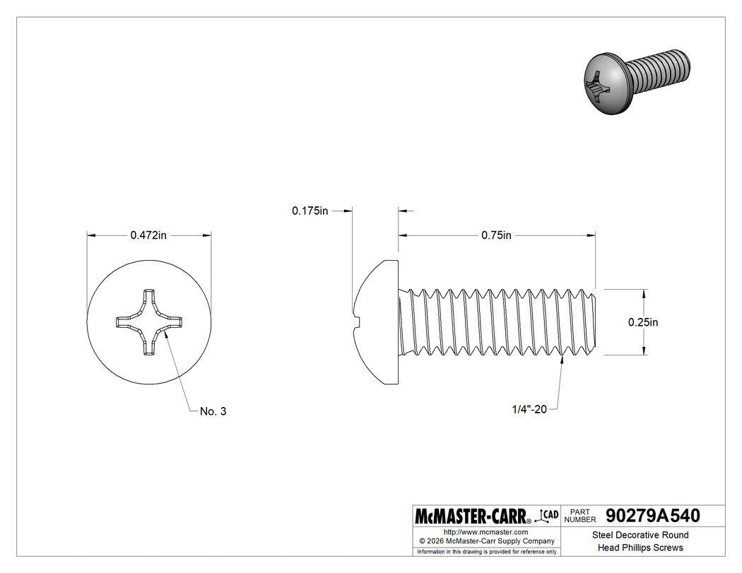 Technical Drawing of Steel Decorative Round Head Phillips Screws, 1/4"-20 Thread Size, 3/4" Long.